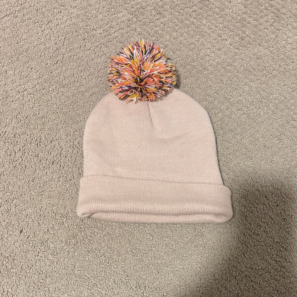 Kids' Beige Knit Pom-Pom Beanie